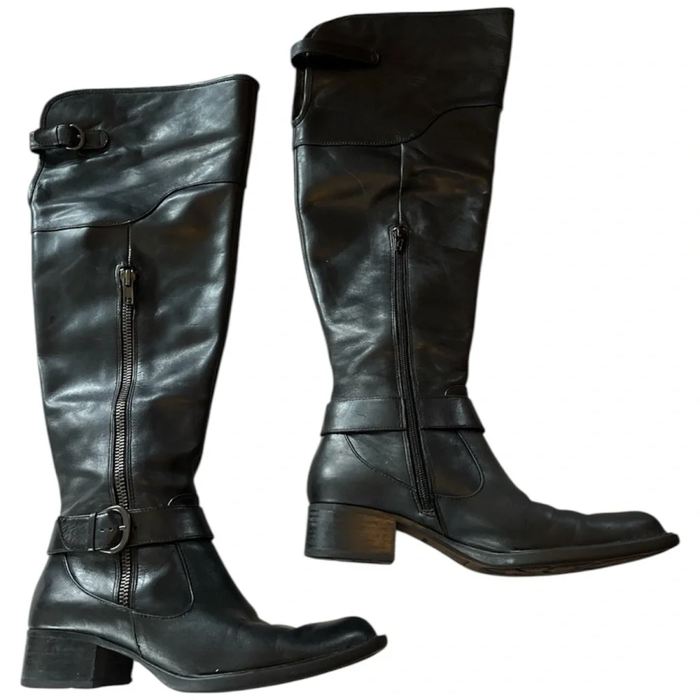 Crown by Born Black Upper Leather Over the Knee Boots with Buckle Details Size 8
